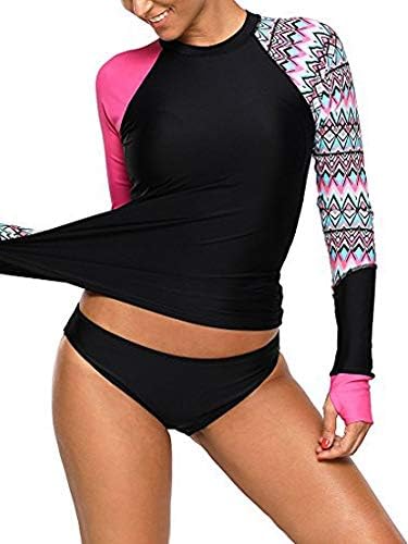 Women Long Sleeve Rashguard Printing Tankini Swimsuit Side Ties Blocking Swimwear Sets