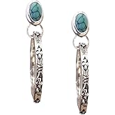 Vintage Elegant Synthetic Turquoise Floral Pattern Carved Circle Pendant Earrings, Bohemian Style Handmade Jewelry for Women Suitable for Travel and Vacation
