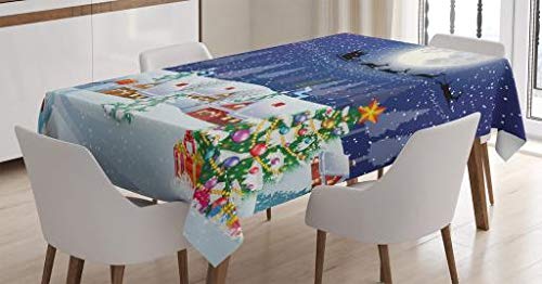 ABAKUHAUS Christmas Tablecloth, Winter Season Snowman Xmas Tree Santa Sleigh Moon Present Boxes Snow and Stars, Dining Room Kitchen Table Cover, 54" x 94", Blue-white — image 1