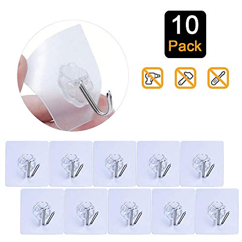 Bariicare Adhesive Wall Hooks,10 PCS 13lb Max Transparent Heavy Duty Hooks with No Scratch, Waterproof and Oil Proof for Bathroom, Bedroom, Kitchen, Refrigerator Door, Wall