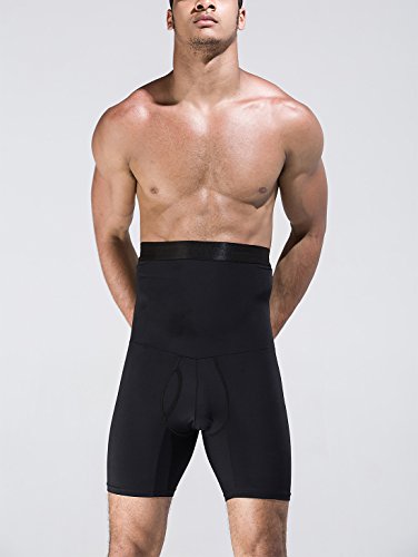 Panegy Mens Tummy Control Fitness Shapewear Hi-Wasit Butt Lifter Boxer Brief Anti-Roll Body Slimming Shorts Undergarment, Black L
