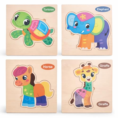 Kit 4 Quebra-Cabeças de Madeira Infantil Montessori | Brinquedo Educativo de Encaixe com Animais | Coordenação Motora e Aprendizado para Crianças 2 a 4 Anos (ANIMAIS)
