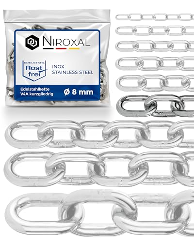 Edelstahlkette V4A A4 kurzgliedrig DIN 766 / DIN 5685 – 8 mm x 12 m – 1 Stück – für schwere Aufhängungen