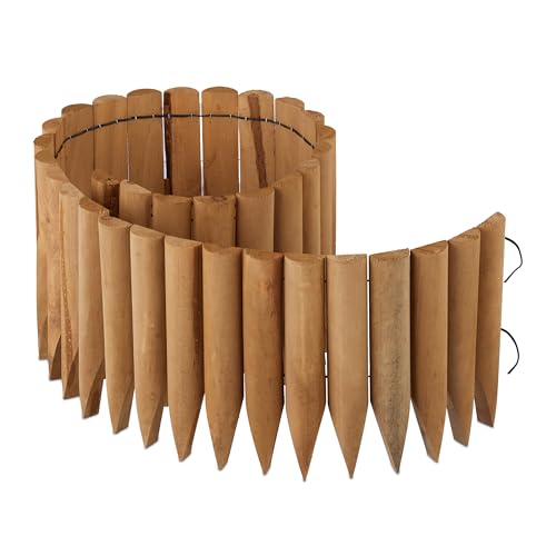 Relaxdays Garden Edging, Wooden Border, HWD: 20x120x2 cm, Flexible Push-In Fence, for Flowerbeds or Lawns, Natural