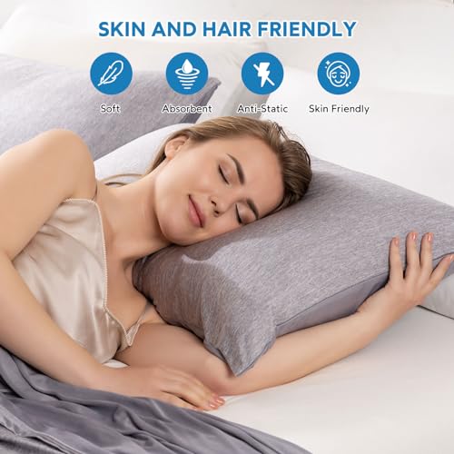 HOMFINE Cool Pillow Cases Pack of 2, Japanese Cooling Fibre Q-Max 0.45, Breathable Soft Pillow Protector with Hidden Zip, Grey 50 x 75 cm