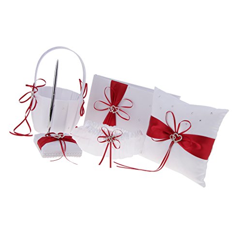 SunniMix Pieces of 5 Wedding Set Guest Book and Pen Stand Flower Girl Basket Ring Cushion Ring Holder Ring Bearer Garter Keepsake Memorial - Red, as described