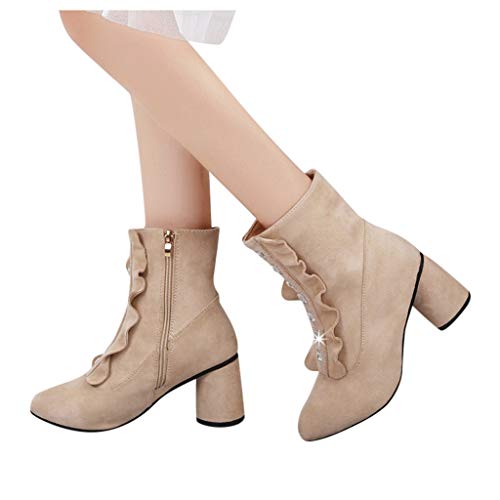 Women Ankle Booties Wedges Shoes Ladies Vintage Buckle Fall Work Block High Heel Shoes Side Zipper Ankle Boots Beige