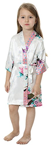 JOYTTON Girls' Satin Kimono Robe For Spa Party Wedding Birthday (6,White)