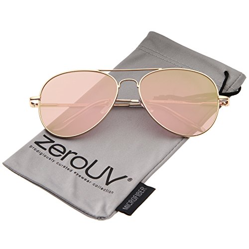 zeroUV Small Matte Metal Rose Gold Pink Mirror Flat Lens Aviator Sunglasses, Matte Gold / Pink Mirror, 56 mm