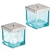 mDesign Modern Glass Square Bathroom Vanity Countertop Storage Organizer Canister Jar for Cotton Swabs, Rounds, Balls, Makeup Sponges, Bath Salts - 2 Pack - Blue/Brushed