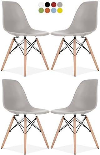Eames Style Chair by La Valley - Set Of 4 - Mid Century Modern Eames Molded Shell Chair with Dowel Wood Eiffel Legs - for Dining Room, Reception Room, Lounge - Easy-Assemble &amp; Clean - Light Gray