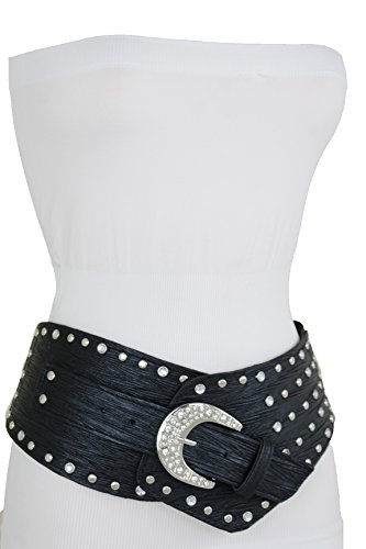 TFJ Women Wide Western Fashion Belt Hip Silver Metal Studded Buckle L XL Black