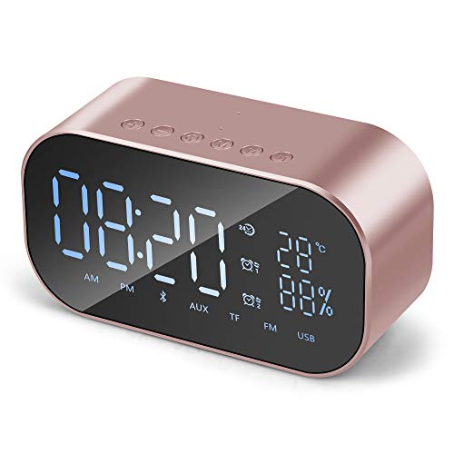 Fashionwu Mini Bluetooth Speaker Wireless Stereo Portable LCD FM Radio Alarm Clock Outdoor Speaker Rose Gold
