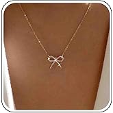 Jugielu Boho Rhinestone Bow Necklace Crystal Bow Choker Necklace Gold Bowknot Pendant Necklace Tiny CZ Bow Tie Necklace Sparkly Crystal Bow Chain Necklace Jewelry for Women