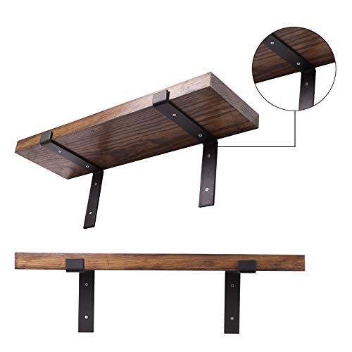 Heavy Duty Floating Shelf Lip Bracket Black J Wall Hook Solid Steel 4 Pack Rustic Decorative Bracket for Wood Boards Study Bedroom Kitchen (7.25"L x 6"H)