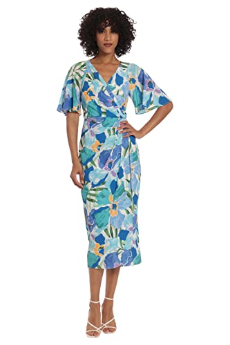 Maggy London Women’s Short Flutter Sleeve Faux Wrap Midi Dress, Soft White/Cornflower Blue, 16