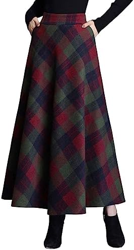 ebossy Women's Vintage High Waist Wool Blend Plaid A-Line Long