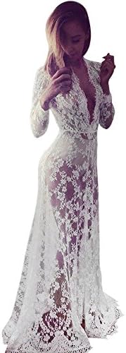 Roiper Long Dress, Women Beach Dress Swimwear Lace Chiffon Crochet Bikini Cover Up Bathing Suit (White)