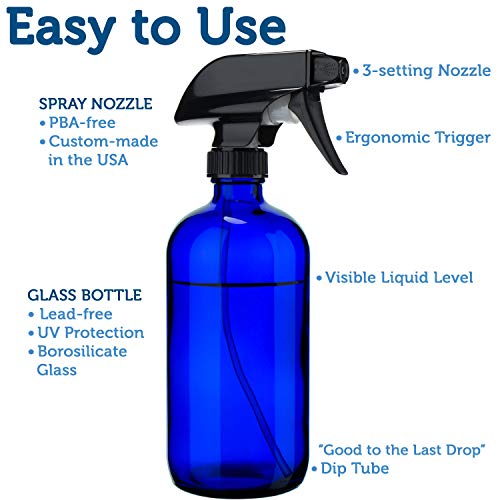 Empty Blue Glass Spray Bottles (2 Pack) - BPA Free, Lead Free - Large 16 oz Refillable Bottle for Plants, Pets, Essential Oils, Cleaning Products - Black Trigger Sprayer w/Mist and Stream Settings