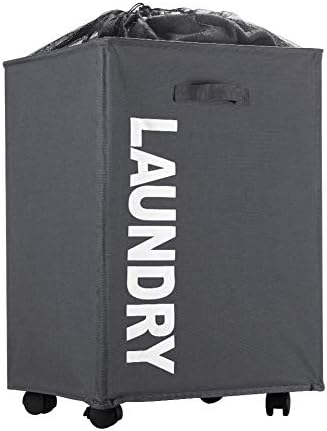 IHOMAGIC Rolling Laundry Basket with Wheel Waterproof Breathable Storage Hamper Corner Fittable Storage Box Collapsible Hamper Flexible Handle Laundry Sorter for Bedroom Hotel, 60L, Dark Gray