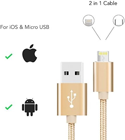 2IN1 Nylon Braided High Speed Data Sync Charing and Sync USB Cable for iOS & Android iPhone/Samsung/HTC/Nokia/Blackberry/Sony (Gold)