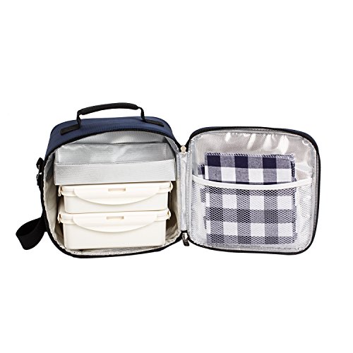 TAWA Lunch Bag with 2 reusable lunch boxes Compact Design Perfect for Picnic School Office Tote Lunch Bag- Including 2lunch box,1Insulated Tank, 2 cotton napkins,1 Insulated box(Blue) - Thumbnail 4