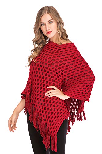 Women's Pullover Shawl Knit Poncho Sweater Capes with Fringed Sides Loose Fitting Poncho Cape