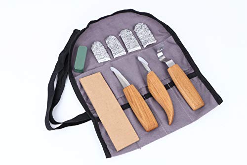 Wood Carving Tool Set - Sloyd Whittling Knife | Chip Detail Knife | Hook Knife for Spoon Carving, with Leather Strop Polishing Compound, High-Strength Steel Woodworking Carving Kit (6 Pcs)
