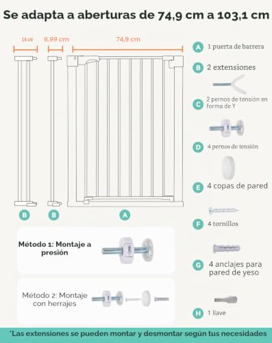 COMOMY Dog Gate, 91.5 cm Extra Tall, 75-103 cm Large Width Baby Safety Gate Automatic Closing, Durable Child Safety Barrier for Stairs, Pressure Mounted, White