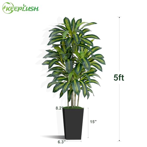 Keeplush Dracaena Artificial Tree with Black Pot, 150 cm High Indoor Artificial Plant and 105 Leaves, Artificial Tree for Indoor Outdoor Office Bedrooms Living Room Decoration Modern