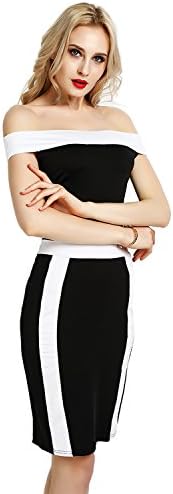 YIJIN Women Fshion Patchwork Slash Neck Summer Autumn Bandage Pencil Sexy Party Club Dresses (S)