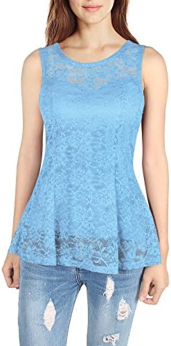 Elemevol Blouse Tank for Women, Summer Classy Sleeveless Shirt Unique Dovetail Hem Wide Straps Crochet Lace Casual Tunic Tops Light Blue XL