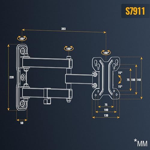 S7911 Support Mural Écran PC TV 13 17 19 22 24 27 28 32 34 Pouces VESA 75x75 100x100 Orientable Inclinable Rotatif Fixation Murale TV QLED OLED LED LCD Écran incurvé Noir