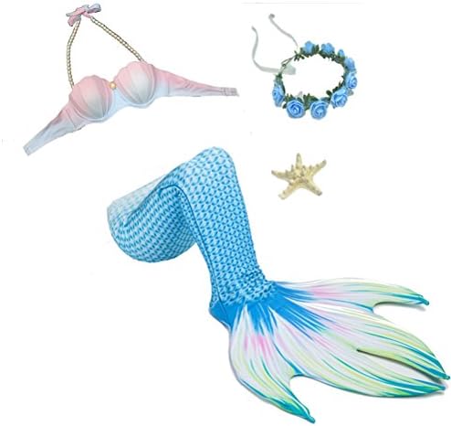 Mermaid Tail Swimwear Bikini Sea-Maid Swimmable Swimming Suit with Monofin for Ladies Women Adult (Rainbow Blue, M)
