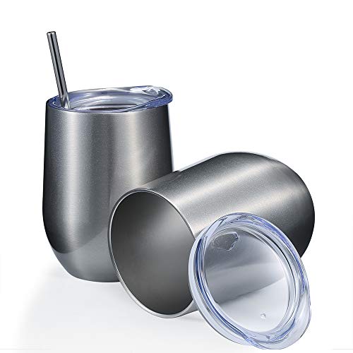 2 Pack 12 oz Wine Tumbler with Lids, Double Wall Vacuum Insulated Stainless Steel Stemless Wine Glass, Travel Coffee Mug Cup for Wine, Drinks, Champagne, Cocktails (Include Straws & Brush) (Silver) - Thumbnail 6