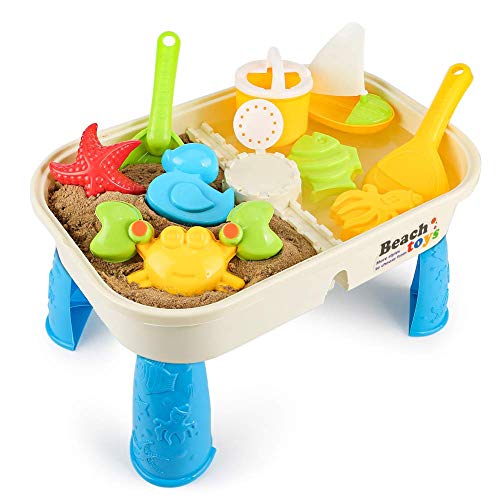 COOLOOK Beach Sand 'n Toys Set with Activity Table with Storage Compartment and Lid 10 Pieces