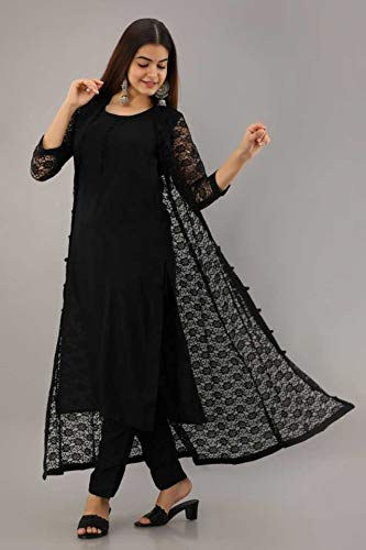 Women Rayon Ethnic Jacket, Kurta and Trouser Set (Black)