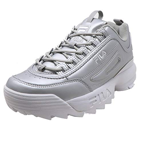 Fila Women's Disruptor II Premium Metallic Sneakers, Metallic Silver/White, 10 M US