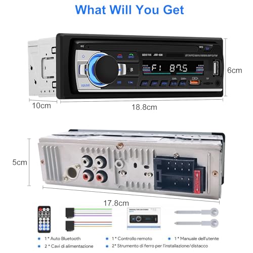 Car Radio Bluetooth 5.0, 4 x 60 W 1 DIN FM Car Radio with Hands-Free Function, Stereo Sound with Clock/Remote Control/Double USB/LCD Screen, Supports 2 USB/AUX/SD/TF/EQ/DSP