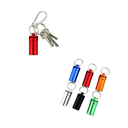 Set of 6 Waterproof Aluminum Metal Pill Box Case Organizer with Keychain - Outdoor Medicine Bottle Key Ring Small First Aid Drug Holder Pill Container