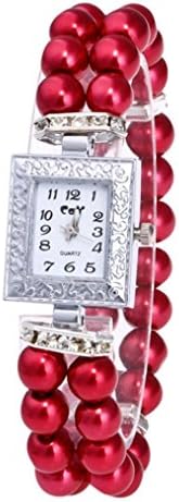 Women Watch Band Fheaven,Fashion Casual Pearl String Watch Strap Quartz Wrist Square Watch (Red)