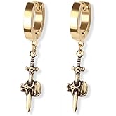 316L Stainless Steel Skull Dagger Huggie Hoop Dangling Earrings, Sold as a Pair