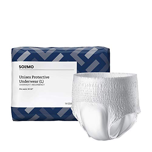 AMAZON BRAND – SOLIMO INCONTINENCE UNDERWEAR FOR MEN AND WOMEN, OVERNIGHT ABSORBENCY, LARGE, 14 COUNT, WHITE