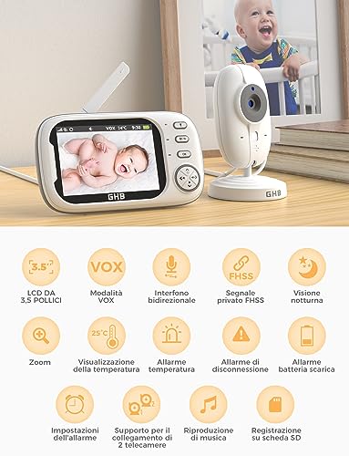 GHB Baby Monitor Video and Audio 3.5 Inch 720HD Camera, 2000 mAh Battery, Two-Way Communication, VOX Night Vision Temperature Monitor, Lullabies