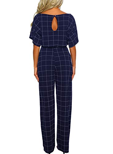 Asyoly Women Casual Batwing Sleeve Checked Long Pants Loose Wide Legs Jumpsuits