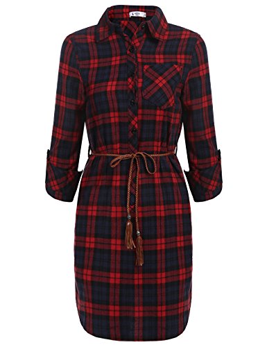 ANGVNS Women Plaid Long Sleeve Button Down Shirt Dress with Belt, Red, XXL