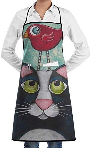 QIAOJIE Folk Art Cat Bird Chef Apron with Bib Apron Kitchen Apron Adjustable Extra Long Ties for Women Men BBQ Baking and Cooking-Black