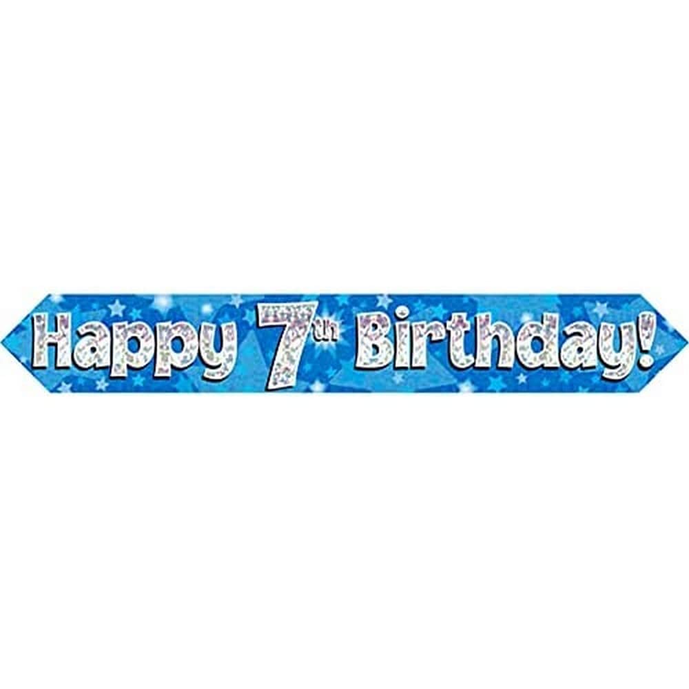9ft Banner Happy 7th Birthday Blue holographic