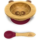 Echelon Organic Bamboo Bowl Gift Set Baby Animal Shape with Stay Put No Spill Suction Base and Spoon (PANDA) (Magenta)