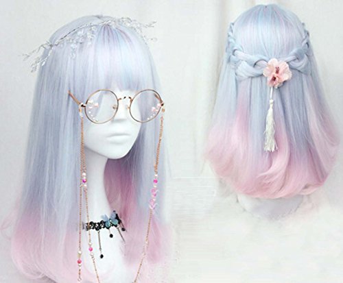 Women Girls Medium Size Harajuku Light Blue Mixed Pink Sweet Lolita Wig Super Natural Club Bob Costume Party Daily Hair with Wig Cap